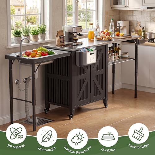 3-in-1 Outdoor Grill Cart with Sink & Faucet, Stainless Steel Top Outdoor Kitchen Island, Prep Table with Foldable Side Table, Storage Cabinet, Rolling Grill Station with Wheels for Patio, Backyard - Image 7