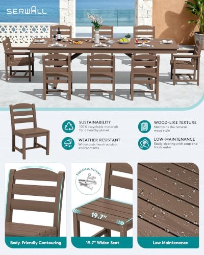 SERWALL 9Pcs HDPE Outdoor Dining Set w/6 Armless, 2 Armchairs for 8,Brown - Image 3
