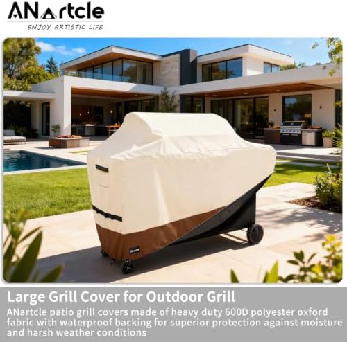 ANartcle Water-Resistant 64 Inch BBQ Grill Cover,600D Heavy Duty Waterproof All Weather Large Grill Cover for Outdoor Grill,Suitable for Weber, Brinkmann and More,64" L x 24" W x 46" H Beige - Image 5