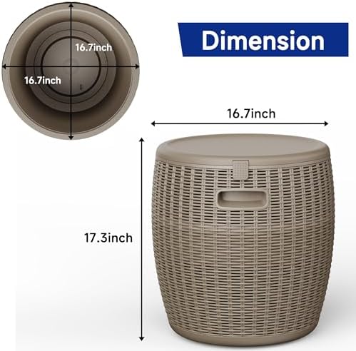 EasyUp 9.5 Gallon Outdoor Cooler Table, Wicker Round Ice Bucket for Parties, Rattan Bar Table with Top Lid Side Handles Drainage Plug, Beer Wine Cooler Side Tables for Patio, Poolside, Deck, Grey - Image 3