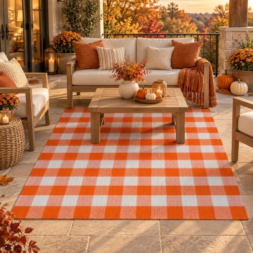 Orange and White Plaid Rug, 4' x 6' Fall Outdoor Front Door Decor Mat, Cotton Washable Hand-Woven Rug for Layered Doormat, Autumn Halloween Thanksgiving Carpet for Porch, Entryway - Image 2