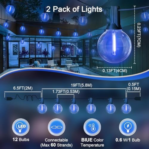 LAMPHOME 2-Pack 26Ft ST38 Outdoor String Lights, Blue LED Shatterproof Patio Lights with 12+1 Edison Bulbs, Perfect for Hanukkah, Bistro, Christmas & Party Decorations - Image 3