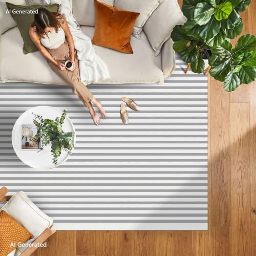 IOHOUZE 4x6 Striped Outdoor Rug, Washable Front Porch, Grey White - Image 6