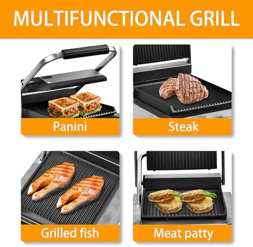 Commercial Panini Press - 1800W Commercial Electric Panini Sandwich Grill w/Nonstick Coating & Adjustable Temp, Panini Grill Press w/ 9" x 9" Cooking Pan, Double-sided Heating - Image 4