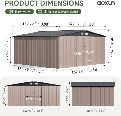Aoxun 14x12 FT Outdoor Storage Shed with Lockable Double Doors, Brown - Image 2