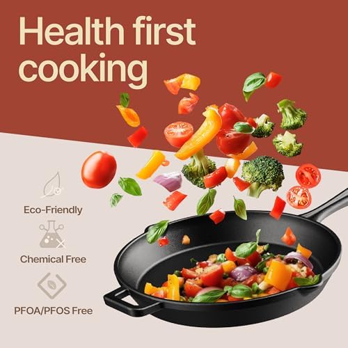 Bakken 12" Cast Iron Skillets, Pre-Seasoned Frying Pan with Even Heat Retention Cooking, Versatile for Stove, Oven, Grill & Campfire, Easy-Grip Handles, Hand Wash Only, 6.61 lbs - Image 6
