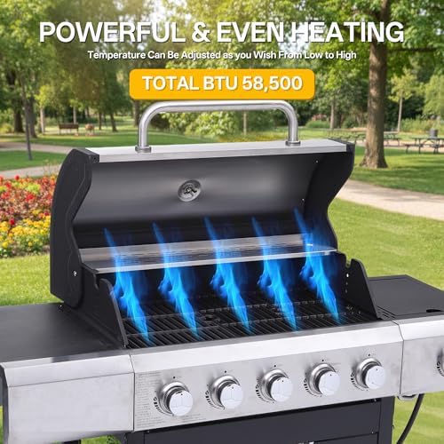 Endark Upgraded 58,500 BTU 5-Burner Stainless Steel Propane Gas Grill – Outdoor BBQ Grill with Side Burner & Porcelain Grates, Barbecue Grill Wheeled for Patio, Garden, Backyard - Image 6