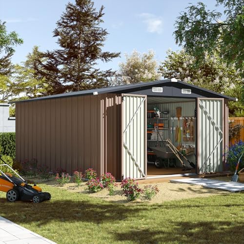 Aoxun 10 x 12FT Outdoor Storage Shed with Double Hinged Large Door, Brown by Aoxun