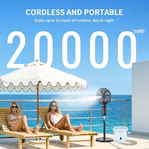 ATEngeus Outdoor Misting Fan 20000mAh Up to 21H Running Time, 12-Inch outdoor Oscillating Fan for Patios, 2 In 1 Pedestal & Tabletop Cooling Fan with Mister, Corded & Cordless, 7 Speeds, Remote, Timer - Image 3