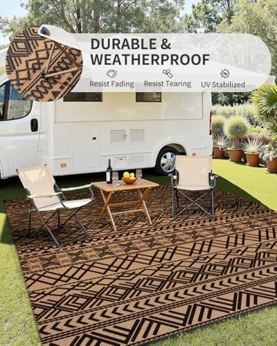 MontVoo Outdoor Rug Carpet Waterproof 6x9 Outdoor Patio Rug Mat Reverisble Plastic Straw Outdoor Rug for RV Camping Picnic Beach Balcony Boho Black Brown - Image 3