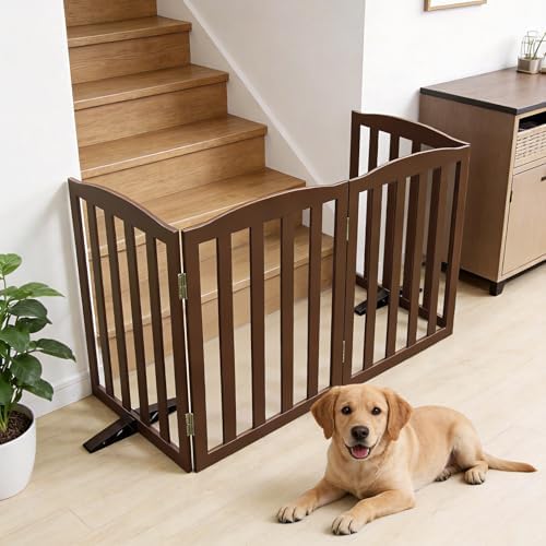 Freestanding Dog Gate Indoor,Doggie Gate Foldable Pet Gates for Doorways,Stairs or Hallways, Wooden Brown Pet Gate for the House, Pet Fence with Support Feet Included,32 "Height-6 Panels - Image 3