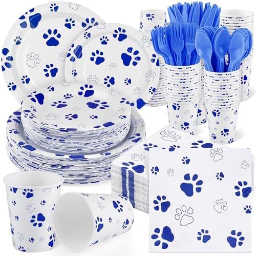 Kochorie 400 Pieces Blue Paw Disposable Party Tableware Sets Dog Puppy Supplies Including Plates Cups Napkins Cutlery Serves 50 for Birthday Puppy Theme Party Decorations by Kochorie