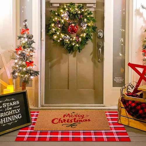 Christmas Red Green White Plaid Rug, 28" x 43" Cotton Hand-Woven Buffalo Check Layered Door Mat for Front Porch, Entryway, Outdoor Holiday Decor, Washable Farmhouse Rug for Home, Patio, Kitchen - Image 2