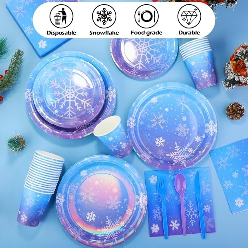 Kochorie 175 Pieces Frozen Iridescent Winter Snowflake birthday Party Supplies Frozen Disposable Party Tableware Set Paper Plates Napkins Cups for Christmas Winter Wonderland Decorations, Serve 25 - Image 5
