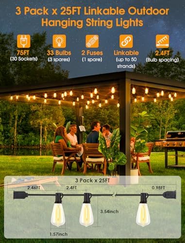 Larkvue 75FT(3x25FT) Outdoor String Lights, Patio Lights with 30+3 LED Dimmable Waterproof Connectable ST38 Bulbs for Outside Porch Balcony, Black - Image 2