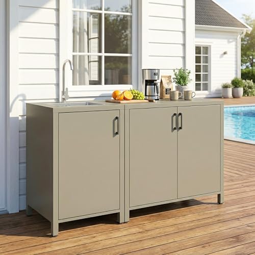 Wisteria Lane Outdoor Storage Cabinet with Stainless Steel Sink, Aluminum Modular Outdoor Kitchen, All Weather Kitchen Island with Double Door Storage, Patio Bar Table for BBQ, Porch, Backyard - Image 3
