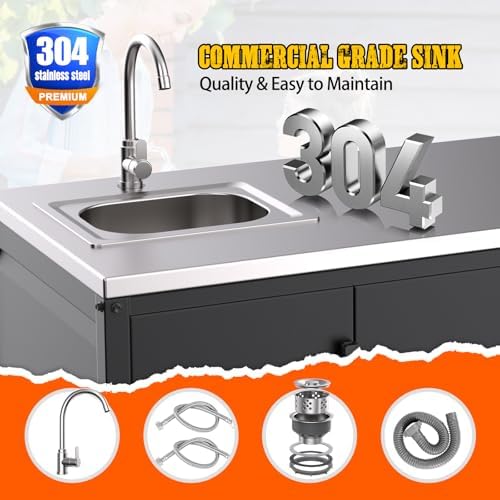 Stainless Steel Outdoor Sink with Cabinet, Large Capacity Stainless Steel Countertop, Outdoor Kitchen Sink Station, Utility Sink with Shelves for Patio, Garage, Laundry, 24"D x 47"W x 37"H - Image 5