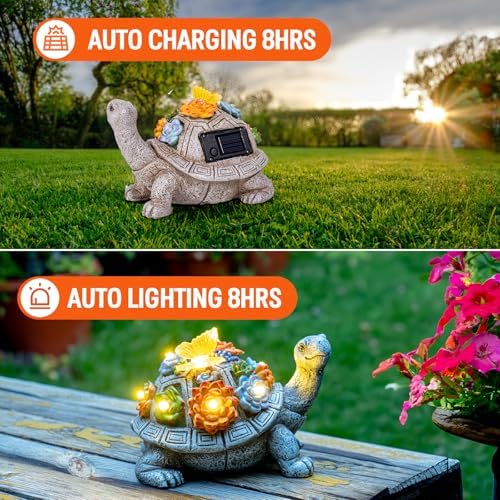 YDKOJGW Solar Garden Outdoor Statues with Succulent and 7 LED Lights - Lawn Decor Tortoise Statue for Patio, Balcony, Yard Ornament - Unique Housewarming Gifts (Gray Turtle) - Image 2
