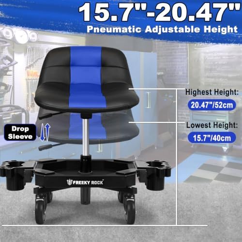 Rolling Stool with Wheels, Adjustable Height Pneumatic Garage Work Mechanic Stool Seat with Backrest, 400 LBS Capacity 360° Swivel Mechanic Crepper Chair with Tool Tray Storage, Blue - Image 2