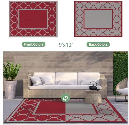 GENIMO Outdoor Rug, Waterproof Plastic Rugs for Patio, 9'x12' Red Grey - Image 4