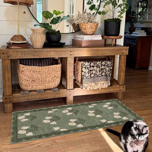 Front Door Mat Indoor Entrance - 2x4.3 Sage Green Boho Floral Rug - Image 7