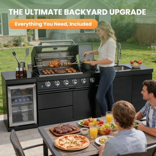 98" Rolling Outdoor Kitchen Island with Built-In 4 Burner 72,000 BTU Stainless Steel Gas Grill Featuring Rotisserie Oven,Granite Countertops,Beverage Fridge,Sink. (Black + Fridge + Sink, Natural Gas) - Image 4