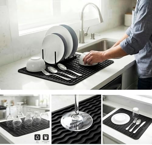MicoYang Silicone Dish Drying Mat — Quick-Dry Ridges Counter & Sink Pad, Heat-Resistant Trivet to 450°F, Non-Slip & Dishwasher Safe, Roll-Up Storage, 18 Colors & 9 Sizes (Black, 16"×12") - Image 3