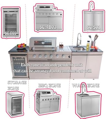 98 Inches Outdoor Kitchen Island, 4-Burner 72000 BTU Propane Stainless Steel BBQ with Side/Rear Burners, With Refrigerator and Sink, Rotisserie, Granite Countertops, Storage, For Backyard BBQ, Silver - Image 3
