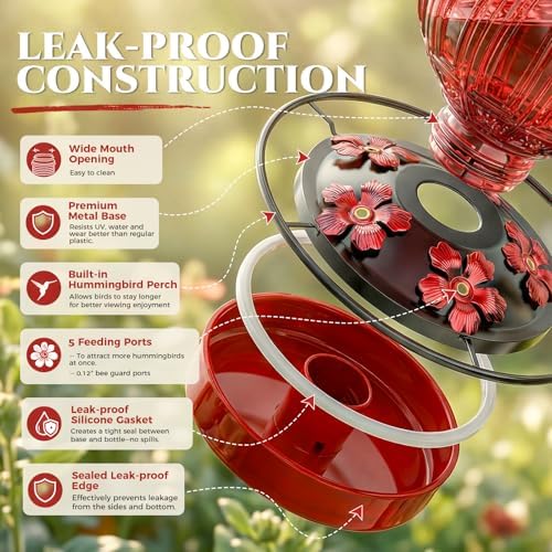 Glass Hummingbird Feeder for Outdoors Hanging, 26 fl oz Bird Nectar Feeder - Image 5