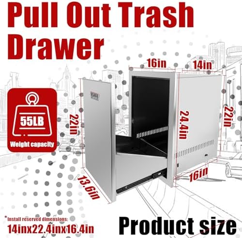 Outdoor Kitchen Single Trash Drawer 16'' W x 24.4'' H x 16'' D Pull Out Stainless Steel Bin Drawer Built-in Trash Drawers with Handle and Vents Suitable for Outdoor Kitchen Island Grill Station - Image 3