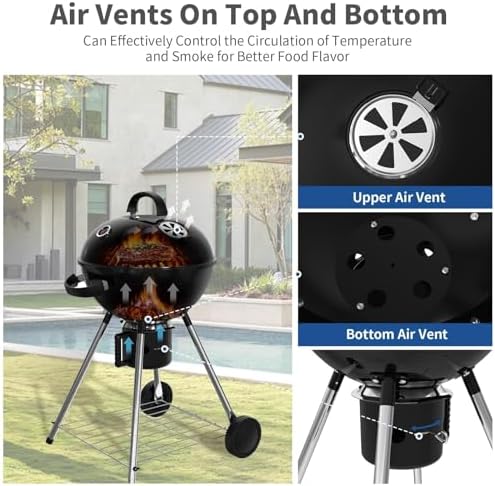 18.5-Inch Portable Charcoal Grill, Heavy Duty Kettle BBQ Smoker with Built-in Thermometer & Removable Water-Rinsable Ash Catcher for Outdoor Camping, Patio, Backyard, and Tailgating - Image 5