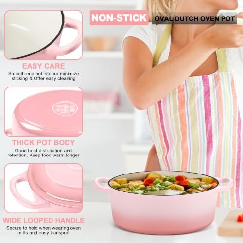 E-far 5QT Oval Dutch Oven Pot with Lid, Pink Enameled Cast Iron Dutch Oven - Image 3