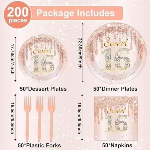 CHUNNIN 200 PCS Rose Gold Sweet 16 Party Plates Napkins Pink Rose Gold Tableware Set for Girls Sweet 16th Party Decoration Dessert Plates Forks Serve 50 Guests for Girls 16th Birthday Supplies - Image 2