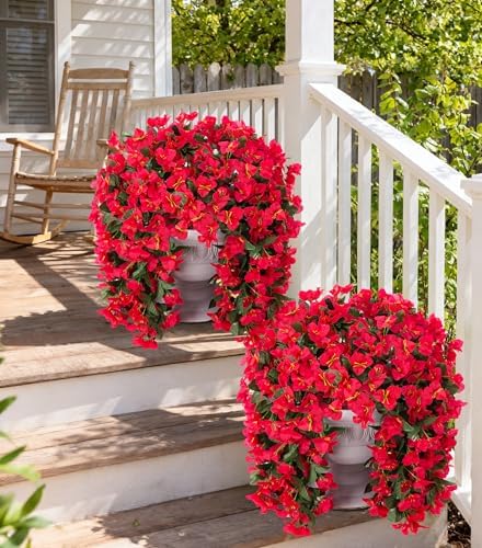 Faux Bougainvillea Artificial Flowers Plants for Outdoor Outside Decoration, 2 PCS Red Fake Flowers UV Resistant Look Real Silk Long Trailing Vines for Front Door Porch Planter Urn Patio Garden Yard - Image 4