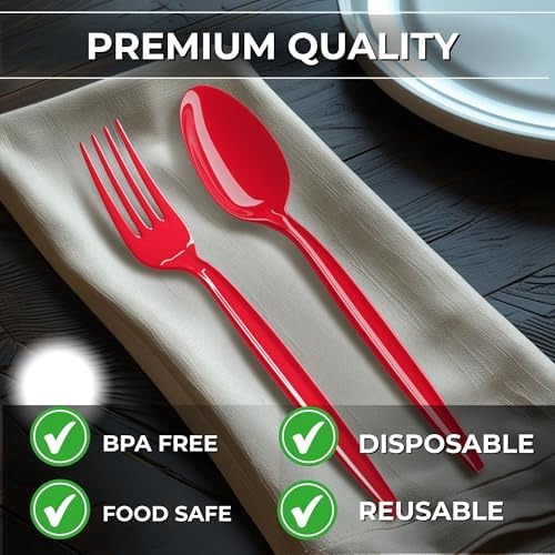 Red Plastic Spoons (24 Pieces) – Durable Disposable Cutlery Set for Christmas, Valentine's, Independence Day, Event, Birthday Party Supplies, Halloween Tableware, Perfect for Holiday, Blue Orchards - Image 5