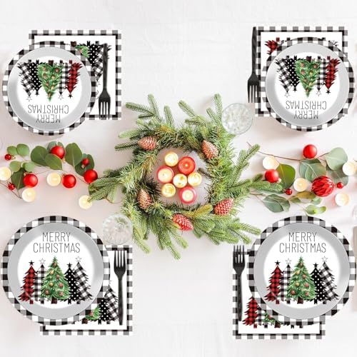 200Pcs Buffalo Plaid Christmas Tree Party Plates Napkins Christmas Black White Buffalo Plaid Theme Tableware Set for Xmas Holiday Decoration Dessert Plates Serve 50 Guests for Birthday Party Supplies - Image 4