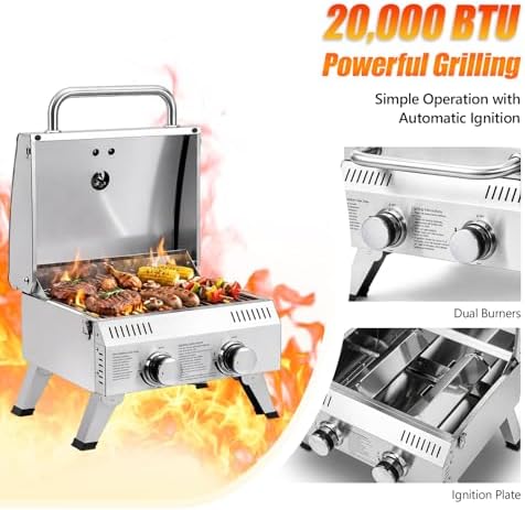 ROVSUN 2 Burner Portable Gas Grill, 20000 BTU Outdoor Tabletop Propane Grill with Ignition, Built-in Thermometer & Full Stainless Steel Body for Patio Garden Backyard Camping BBQ Picnic - Image 2