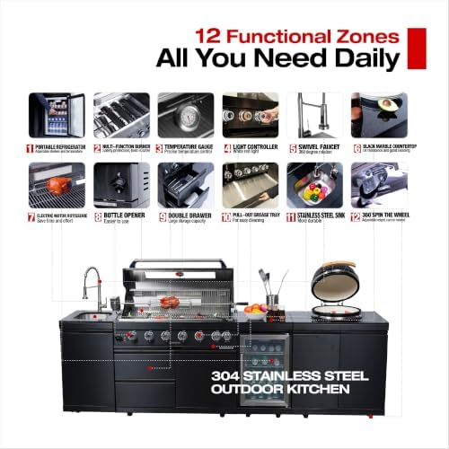 115'' Propane Gas Outdoor Kitchen Island with Kamado Charcoal Grill Fridge - Image 3
