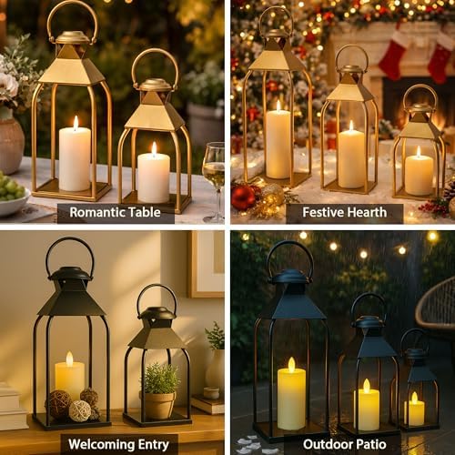 Decorative Metal Lanterns Indoor Outdoor, Candle Holder for Porch, Patio, Fireplace, Floor, Wedding, Christmas, Fall, Holiday, Farmhouse Table Centerpiece (Antique Gold, Set of 3 20" 15.7" 12") - Image 4