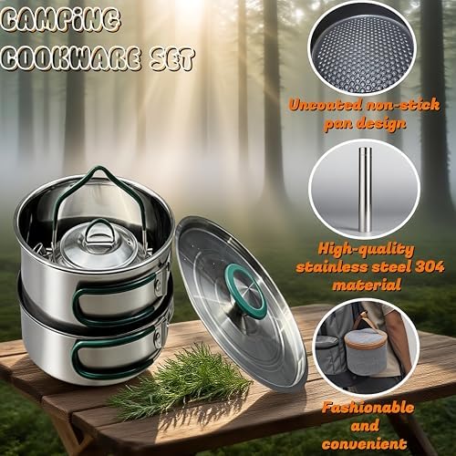 Stainless Steel Camping Cookware, durable, easy to clean, and quick to heat up. Durable camping pots and pans, perfect for family picnics, camping, backpacking, hiking. - Image 3