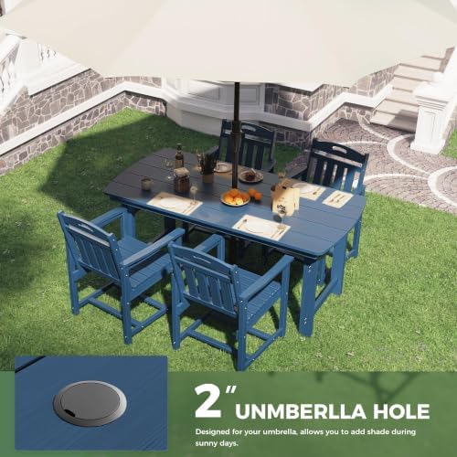 HDPE Outdoor Dining Set, Patio Table and 4 Chairs, 2" Umbrella Hole, Navy - Image 5