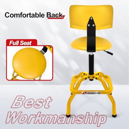 Shop Stool with Backrest, Mechanic Garage Stool for Workshop, Adjustable Shop Stools Chair, Padded Workbench Stools for Men Women, 300 LBS Capacity, 360° Swivel PVC Seat, Heavy Duty, Yellow - Image 6