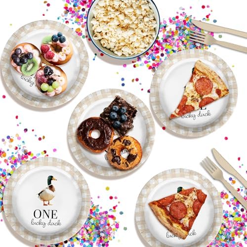 One Lucky Duck First Birthday - 32 Piece Disposable Party Supplies - Decorations for Beige Gingham 1st Birthday Round Party Plates - Large 9" Paper Plates In Bulk - Image 4