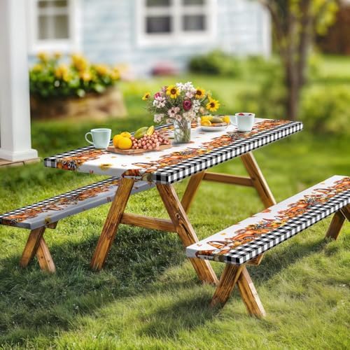 Fall Picnic Table Cover with Bench Covers, Camping Essentials, Buffalo Plaid Thanksgiving Pumpkin Waterproof Windproof, Fitted Tablecloth Cover with Elastic Edge, Indoor & Outdoor, 3 PCS, 30x60 Inch - Image 3