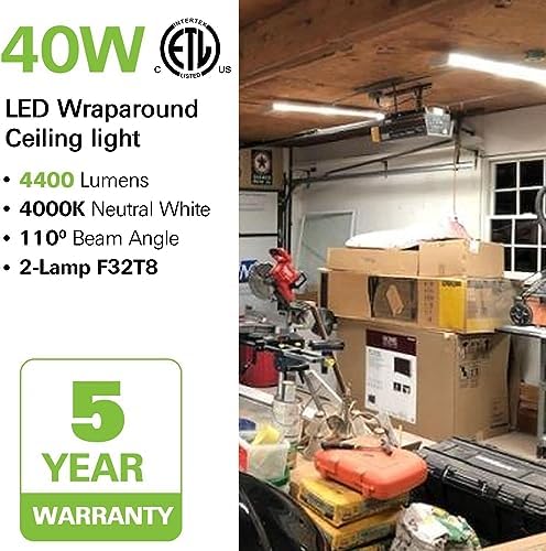 hykolity 4 Pack 4FT LED Wraparound Light 40W 4 Foot LED Shop Lights for Garage, [2-lamp 32W Fluorescent Equiv.] 4400lm 4000K Wrap Light, Flushmount Office Ceiling Light Fixture ETL Listed - Image 2