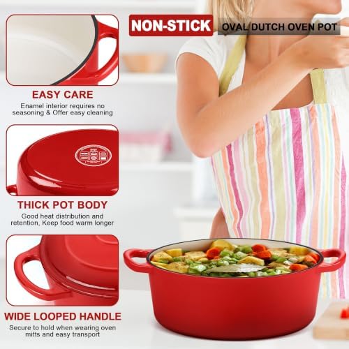 E-far 7QT Oval Dutch Oven Pot with Lid, Red Enameled Cast Iron Dutch Oven - Image 3