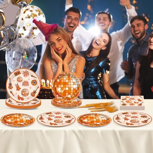 96PCS Singer Disco Ball Party Paper Plates and Napkins for Orange Music Themed Birthday Disposable Dessert Plates Disposable Tableware for 24 Guests Music Lover Birthday Gatherings Decorations - Image 6