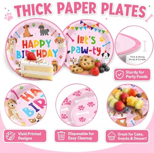 96 Pcs Puppy Birthday Party Decorations Pink Dog Plates and Napkins Dog Paw Party Paper Plates Dinnerware Set Lets Pawty Theme Tableware for Girls Serve 24 Puppy Pet Paw Print Birthday Supplies Pawty - Image 3