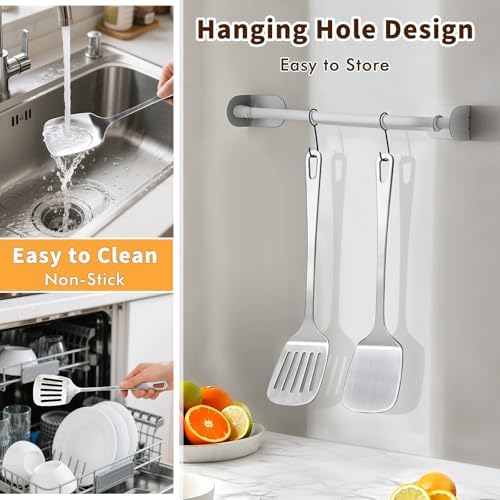 2 Pcs Stainless Steel Spatulas Set, Metal Spatula Solid & Slotted Turner, Heavy Duty Sturdy Spatula for Kitchen Use, High Heat Resistant Cooking Utensils for Fish Eggs Pancakes, Easy to Clean, Silver - Image 5