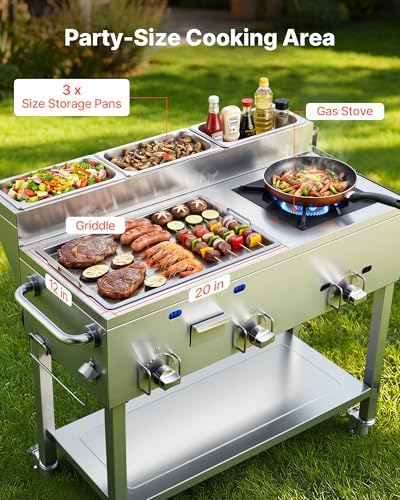 VEVOR Outdoor Propane Griddle, 3 Burners (11,600 BTU Each), Commercial Stainless Steel Griddle with Three 1/3 Size Food Pans, Portable Cart with Wheels & Gas Stove, for Hot Dogs, Burgers & Meats - Image 3